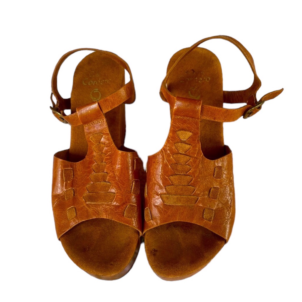 Caramel Brown Rich Wood  Leather Calleen Cordero Platform Sandals